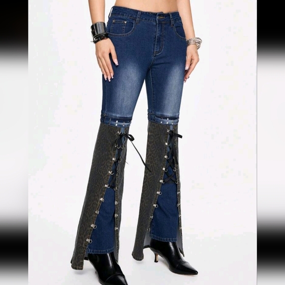 Women's Y2K Vintage Leopard Print Splice Ribbon Tie Flare Leg Pants - Picture 4 of 4